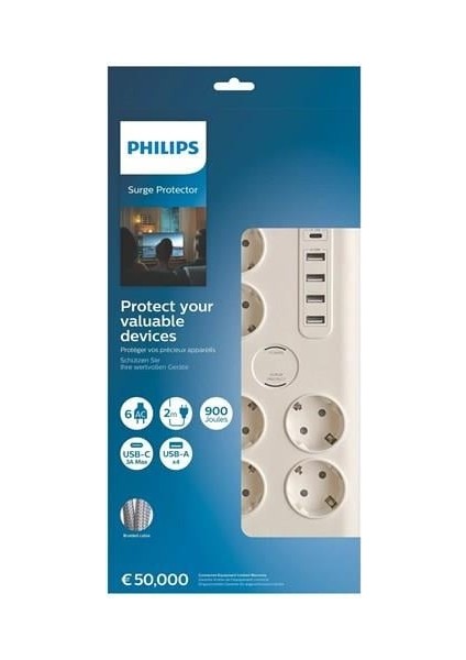 Phılıps 6-Lı SPN7060WA/62 900 Joules Akım Koruma Prizi Beyaz 4-Usb/1-Typec fiyatları