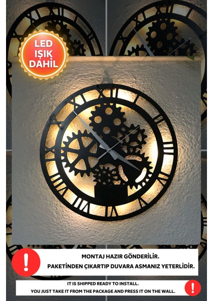 LED Işıklı Modern Mekanik Siyah Ahşap Duvar Saati 40X40CM