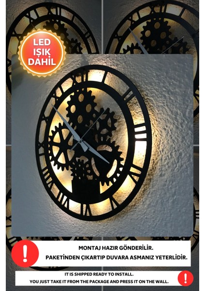 LED Işıklı Modern Mekanik Siyah Ahşap Duvar Saati 40X40CM