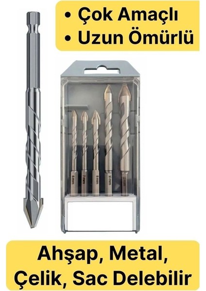 -Elmas Ahşap Metal Sac Demir Çelik Delebilen Çok Amaçlı Matkap Ucu Seti 5 Parça Kırılmaz Seramik Fayans