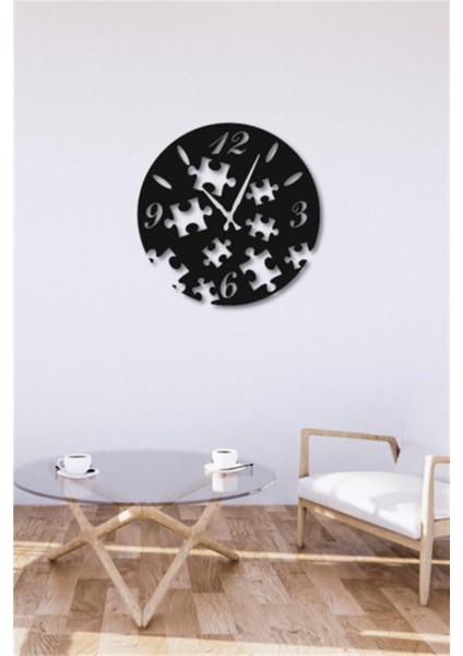 Siyah Ahşap Yapboz Şekilli Duvar Saati 38X38CM, Modern ve Şık Dekorasyon Detayı fiyatları