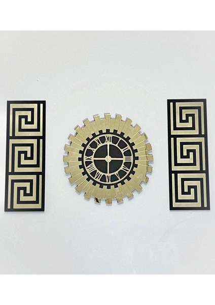 Altın Renkli 3 Parça Aynalı Pleksiglass Duvar Saati ve Dekor Seti