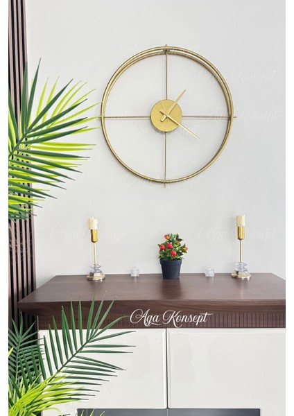 Şık Altın Renk Orta Boy Ferforje Metal Minimalist Duvar Saati