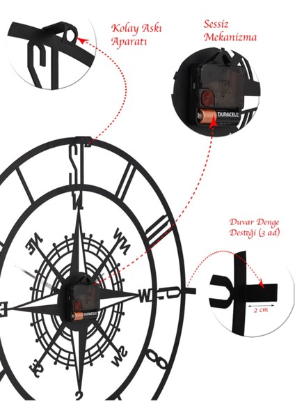 50CM Siyah Metal Duvar Saati, Sessiz Mekanizma, Modern Tasarım