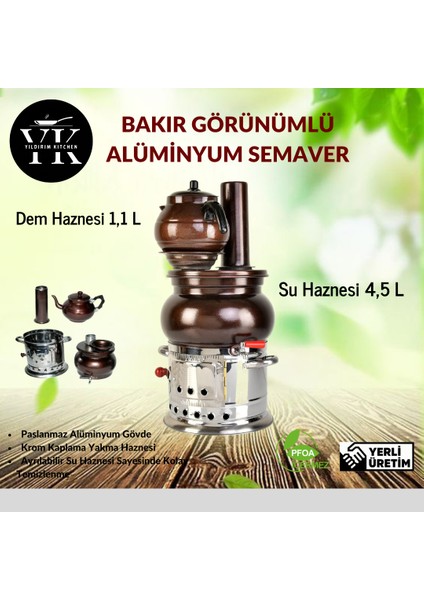 𝗬𝗶𝗹𝗱𝗶𝗿𝗶𝗺 𝗞𝗶𝘁𝗰𝗵𝗲𝗻 Bakır Görünümlü Alüminyum Semaver Demlik Hediyeli