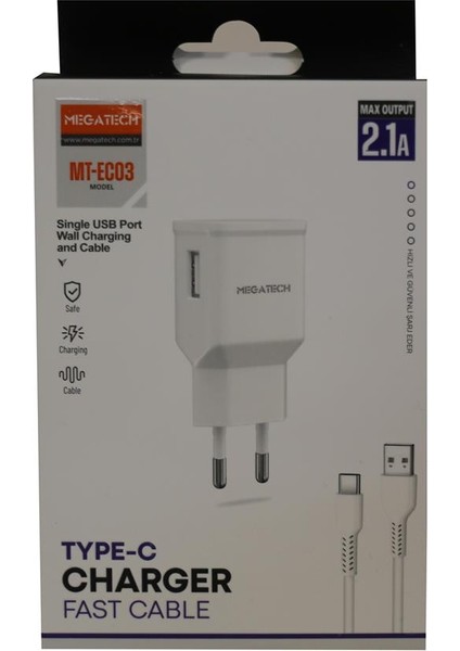 Megatech MT-EC03 2.1A Micro USB Type-C Kablo+ Ev Şarj Adaptörü Hızlı Şarj