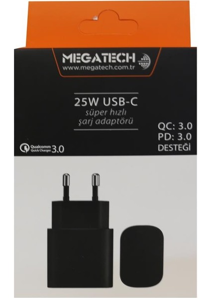 Megatech 25W Siyah Usb-C Şarj Kafa Qc:3.0-Pd:3.0