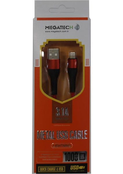 Megatech 3.1A Örgülü A Serisi Iph7 1000M Data Kablosu Kırmızı Renk