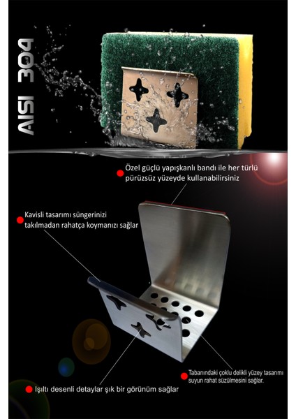 Home Paslanmaz Çelik Evye - Lavabo Içi Yapışkanlı Sünger Tutucu- Organizer - Sünger HEDIYELI- ®304 fiyatları