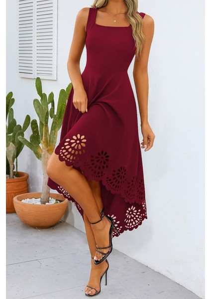 Kadın Askılı Geometrik Yaka Çiçek Lazer Kesim Ithal Krep Elbise