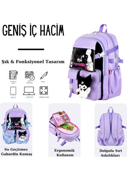 Kuromi Kawaii Kore Tarzı Aksesuarlı Çok Bölmeli Çocuk Okul Çantası modelleri