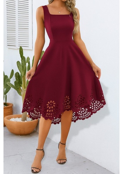 Kadın Askılı Geometrik Yaka Çiçek Lazer Kesim Ithal Krep Elbise fiyatları