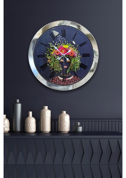 Şık 36 cm Krom Metal Çiçek Desenli Duvar Saati, Hediye Seçeneği