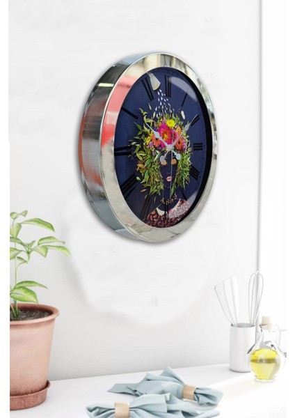 Şık 36 cm Krom Metal Çiçek Desenli Duvar Saati, Hediye Seçeneği modelleri