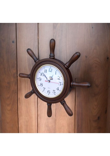 Eskitme Ahşap Gemici Dümen Duvar Saati, 38 Cm, Şık ve Doğal Tasarım