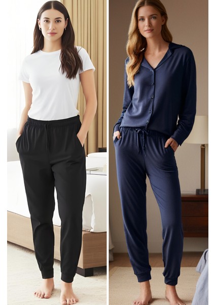 %100 Pamuk Kadın 2'li Premium Kumaş Pijama Altı Cepli Ipli Relax Fit Terletmez Esnek Siyah-Lacivert