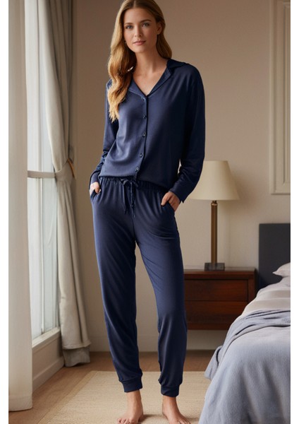 %100 Pamuk Kadın 2'li Premium Kumaş Pijama Altı Cepli Ipli Relax Fit Terletmez Esnek Siyah-Lacivert modelleri