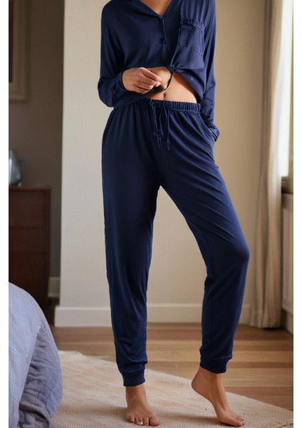 %100 Pamuk Kadın 2'li Premium Kumaş Pijama Altı Cepli Ipli Relax Fit Terletmez Esnek Siyah-Lacivert