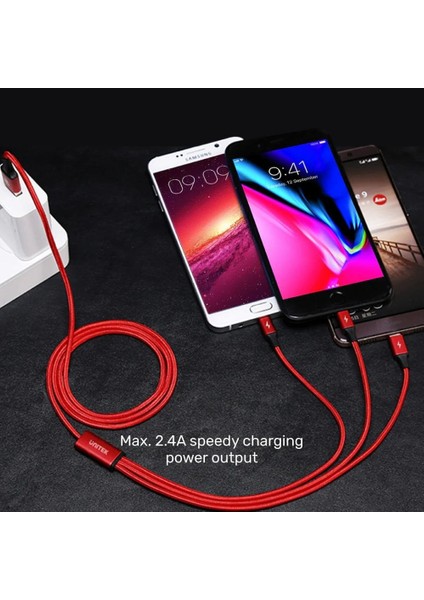 Unıtek Usb-A 3in1 Hızlı Şarj Kablosu 1.2mt 2.4A Mıcro Usb, Type-C, Lıghtnıng (C14049BK)