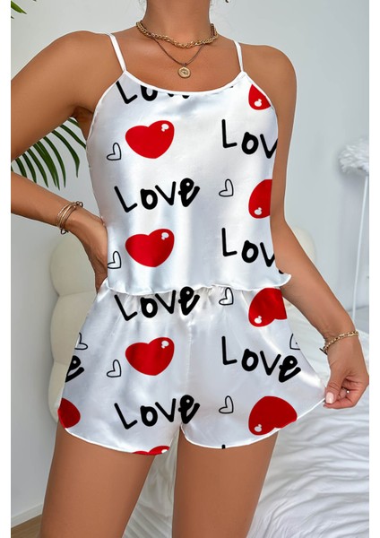 Mulvxley LEY02 Love Desenli Beyaz Saten Şortlu Gecelik Takım (Mulvix)