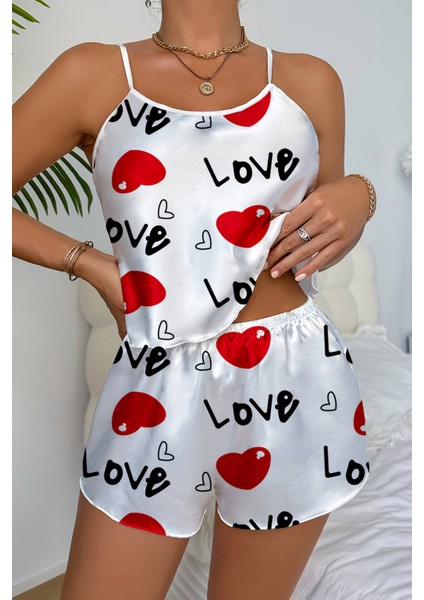Mulvxley LEY02 Love Desenli Beyaz Saten Şortlu Gecelik Takım (Mulvix)