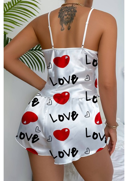 Mulvxley LEY02 Love Desenli Beyaz Saten Şortlu Gecelik Takım (Mulvix)