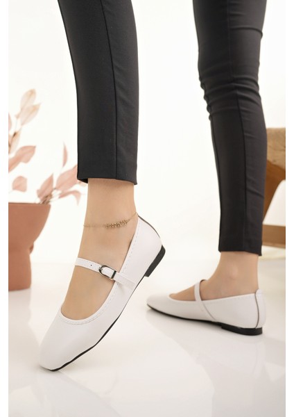 Kadın Babet Beyaz Bantlı Kemerli Hafif Rahat Şık Iş Ofis Günlük Ayakkabı
