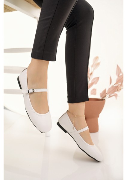 Kadın Babet Beyaz Bantlı Kemerli Hafif Rahat Şık Iş Ofis Günlük Ayakkabı modelleri