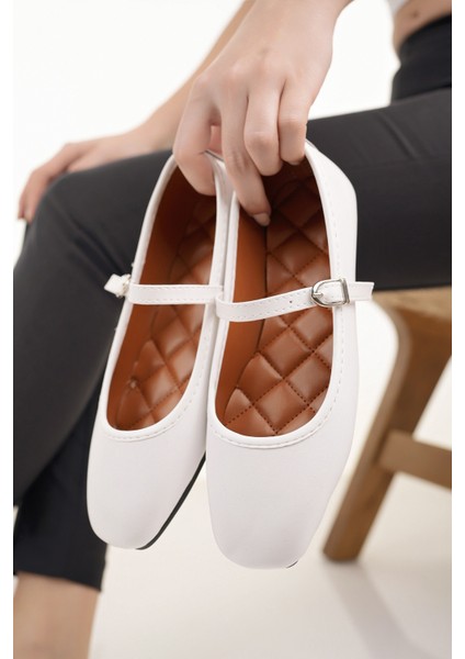 Kadın Babet Beyaz Bantlı Kemerli Hafif Rahat Şık Iş Ofis Günlük Ayakkabı fırsatları