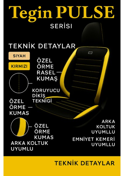 Dacia Dokker 2013-2015 Pulse Serisi Raşel Siyah Sarı Koltuk Kılıfı