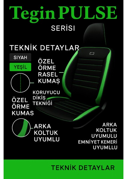 Renault Twingo (2006 Öncesi) 1993–2006 Pulse Serisi Raşel Siyah Yeşil Koltuk Kılıfı