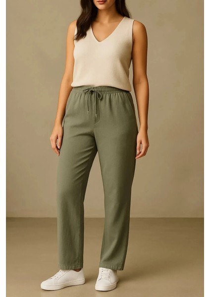 Baggy Keten Kadın Pantolon Çağla Yeşili