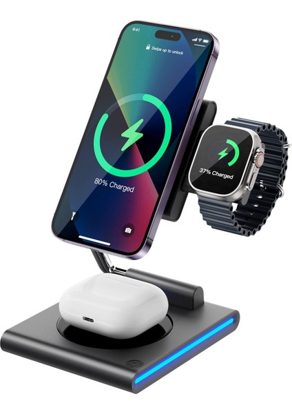 Telefon Kulaklık Saat Şarj Istasyonu Standı ( 15W Şarj + Gece Işığı + Ultra Mıknatıs + Çoklu Sarj )