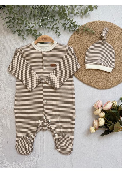 Çizgili Şapkalı Ünisex Bebek Tulumu, Interlok Kumaş , Çıt Çıtlı Uzun Kollu Patikli Tulum Seti