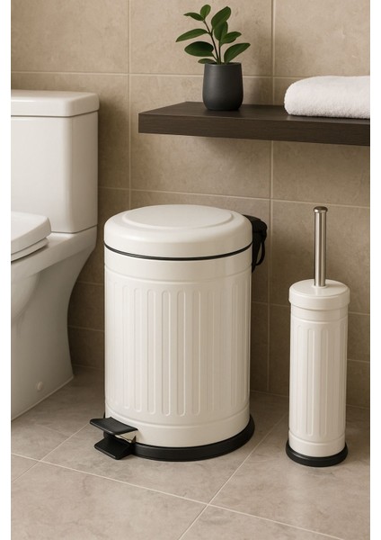 2 Defne 2 Li Çöp Kovası Çöp Kutusu Banyo Seti Çizgili Model Beyaz 5 Litre ve Wc Fırçası Seti Paslan