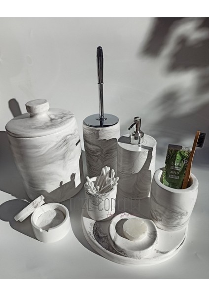 Beton Mermer Görünümlü Banyo Seti Çöp Kovası ,tuvalet Fırçası, Tepsi,sabunluk ,pamukluk, Cubukluk G fiyatları