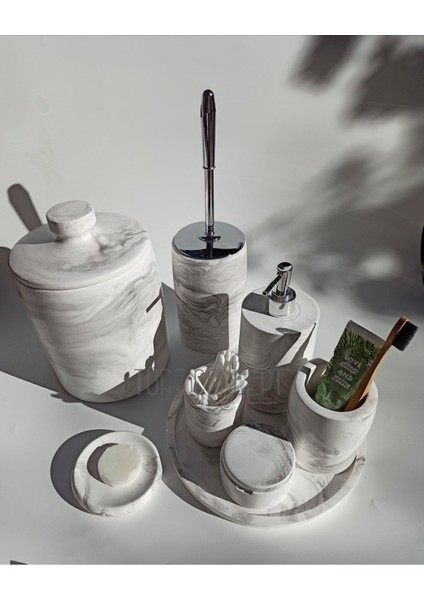 Beton Mermer Görünümlü Banyo Seti Çöp Kovası ,tuvalet Fırçası, Tepsi,sabunluk ,pamukluk, Cubukluk G modelleri