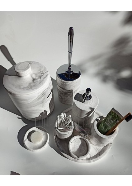 Beton Mermer Görünümlü Banyo Seti Çöp Kovası ,tuvalet Fırçası, Tepsi,sabunluk ,pamukluk, Cubukluk G fırsatları