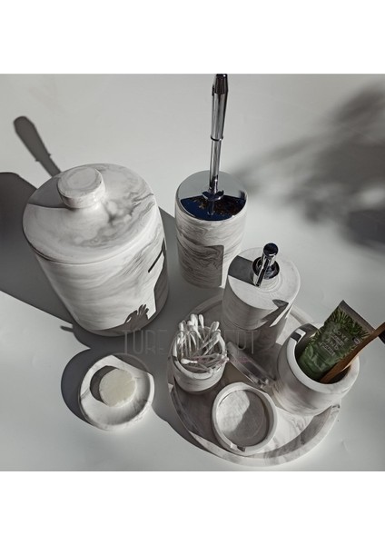 Beton Mermer Görünümlü Banyo Seti Çöp Kovası ,tuvalet Fırçası, Tepsi,sabunluk ,pamukluk, Cubukluk G indirimleri