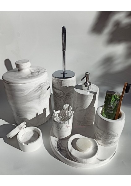 Beton Mermer Görünümlü Banyo Seti Çöp Kovası ,tuvalet Fırçası, Tepsi,sabunluk ,pamukluk, Cubukluk G