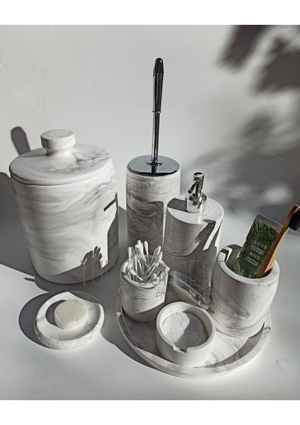 Beton Mermer Görünümlü Banyo Seti Çöp Kovası ,tuvalet Fırçası, Tepsi,sabunluk ,pamukluk, Cubukluk G
