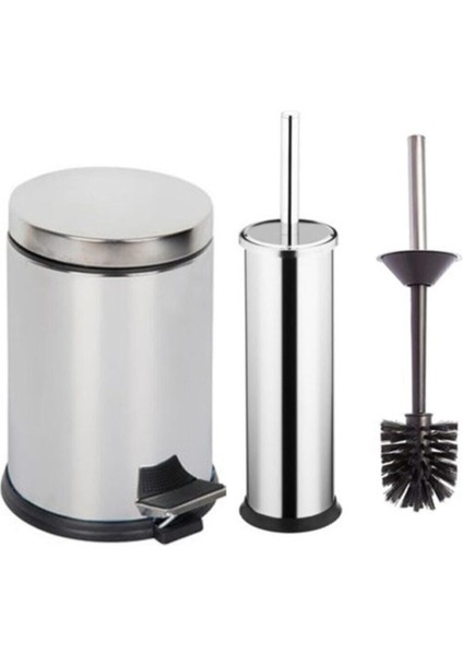 Metal Paslanmaz 3 Lt Çöp Kovası - Klozet Fırçası 2'li Banyo Seti( Parlak ) Beyaz