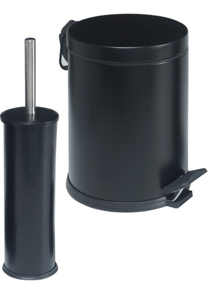Metal 3 Litre Siyah 2'li Banyo Seti Pedallı Çöp Kovası Wc Klozet Tuvalet Fırça Seti Banyo Çöp Kovas