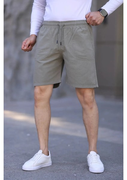Krem Keten Erkek Şort - Yazlık Baggy Model