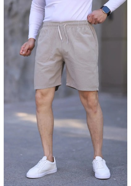 Krem Keten Erkek Şort - Yazlık Baggy Model