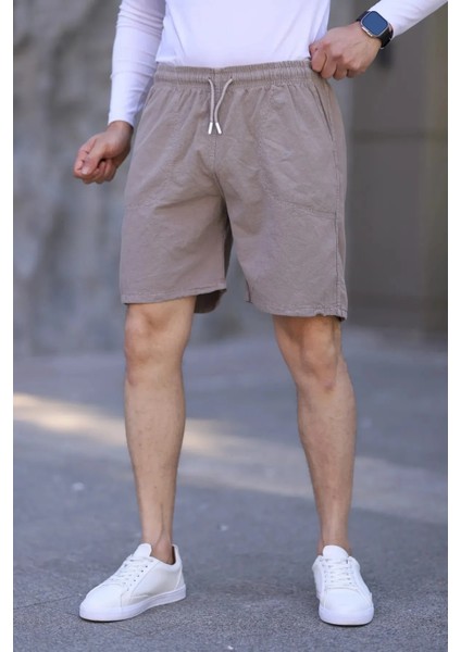 Krem Keten Erkek Şort - Yazlık Baggy Model