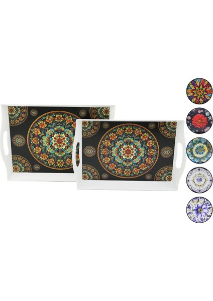2li Set - Dikdörtgen Lotus Tepsi Kulplu Renkli Desenli 22.2X30.4CM - 25.5X33.8CM