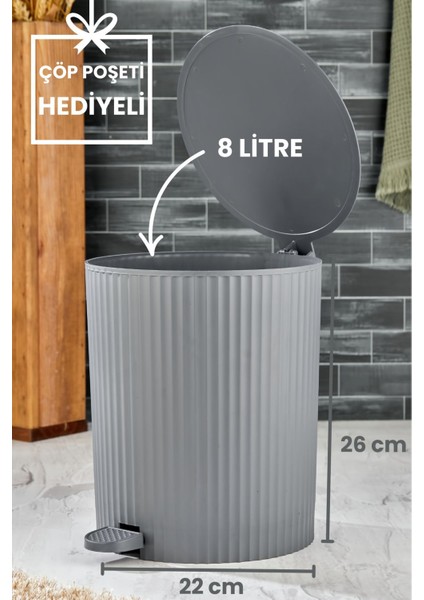 Este - Yuvarlak Pedallı Çöp Kovası - Çizgili Kapaklı - Banyo Mutfak