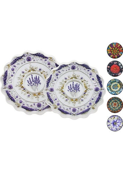 2li Set - Yuvarlak Papatya Tepsi Kulplu - Renkli Desenli 34.5cm - 39CM