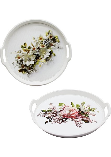 Saray Çiçek Desen Plastik Yuvarlak Tepsi 32CM
